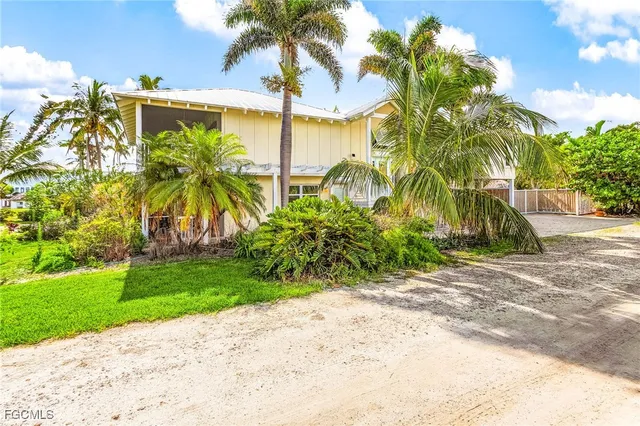 a couple of palm trees sitting in a yard with swimming pool