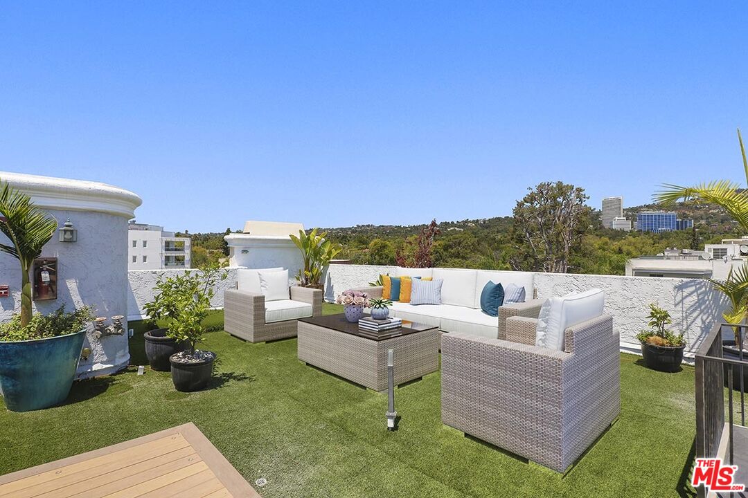 a roof deck with couches and potted plants