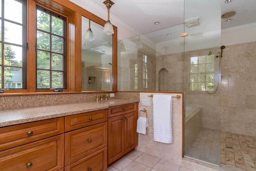 21 Cunningham Road Wellesley, MA 02481 - Photo 14 of 23 a bathroom with a sink a vanity a mirror and a shower