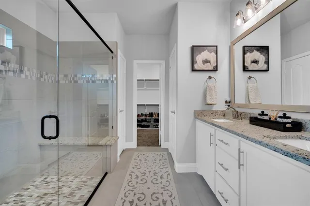 a bathroom with a sink a mirror and a shower