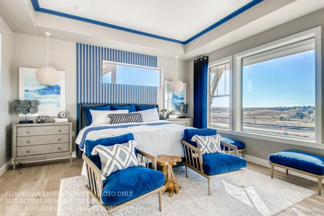 a bedroom with furniture and a large window