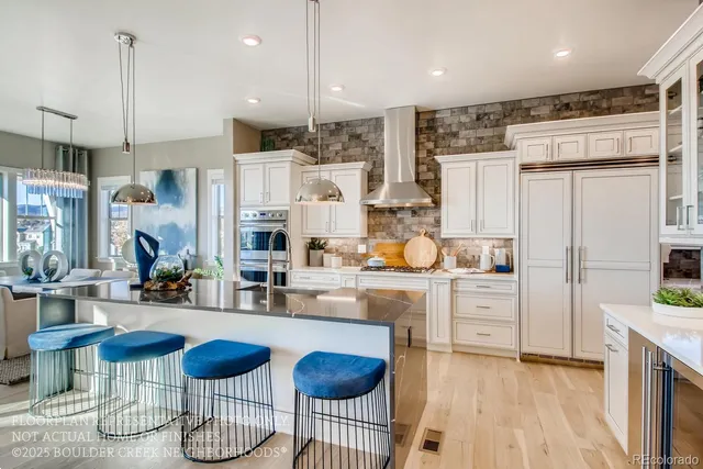 a kitchen with lots of counter space and refrigerator