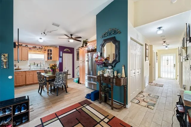 a view of a dining room with furniture
