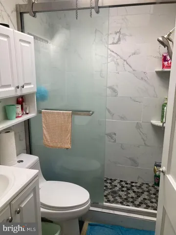 a bathroom with a toilet and a shower