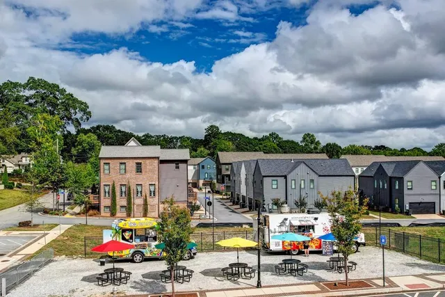 a view of a city with swimming pool