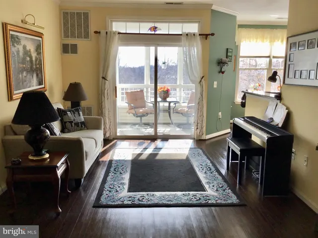 a living room with furniture rug and wooden floor