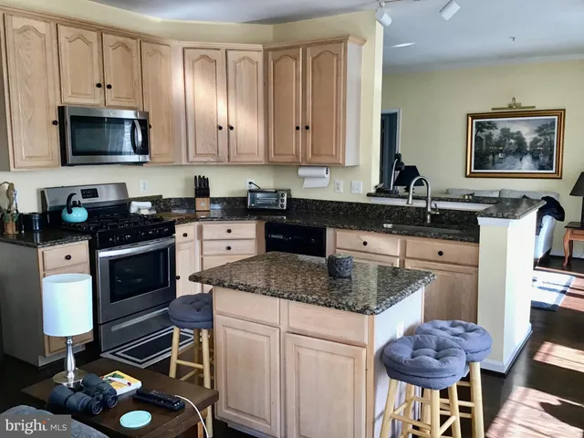 a kitchen with stainless steel appliances granite countertop a stove a sink dishwasher and cabinets with wooden floor