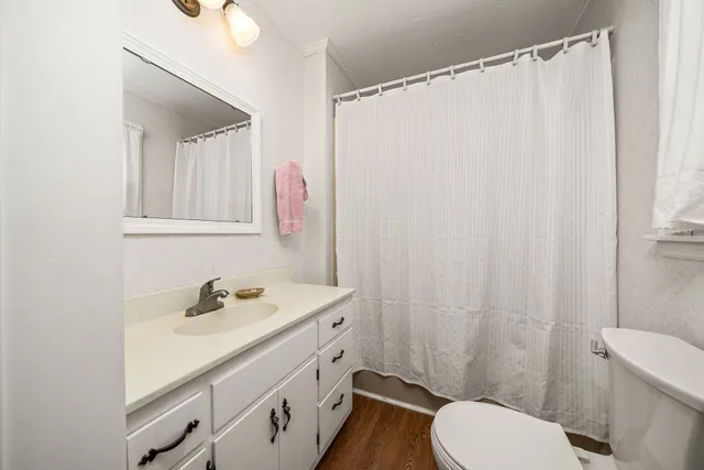 a bathroom with a sink a toilet a mirror and shower curtain