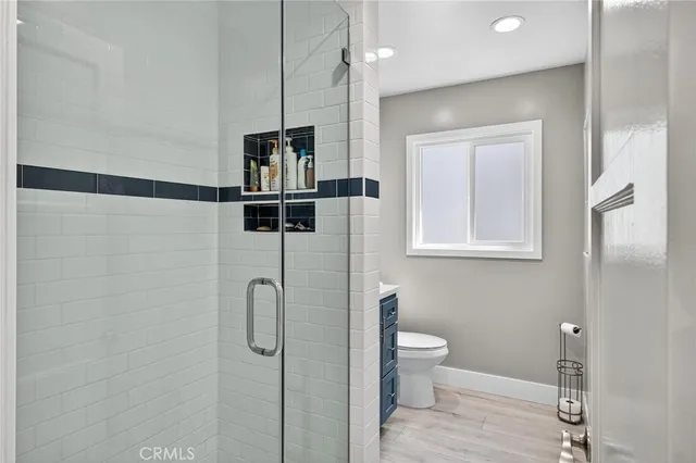 a bathroom with a shower and a toilet