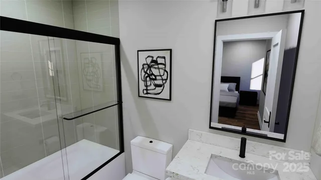 a bathroom with a shower and a toilet