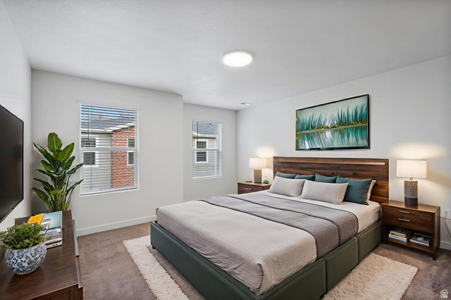 449 West 980th South Ogden, UT 84404 - Photo 18 of 23 Carpeted bedroom featuring multiple windows with blinds, a built-in ceiling light fixture, and a wood-finish headboard