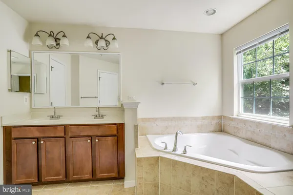 a bathroom with a tub sink and mirror