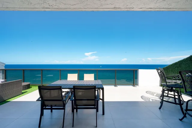 a view of a backyard with furniture and a garden