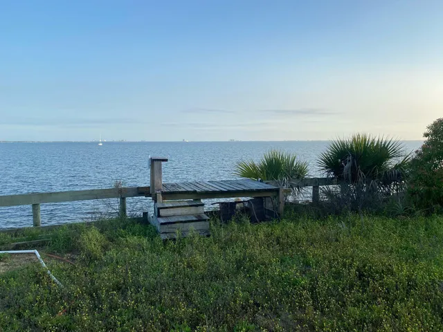a view of a bench in the garden near a lake
