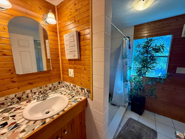 a bathroom with a sink and a mirror