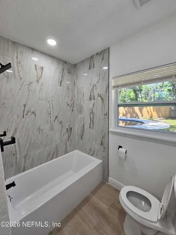 a bathroom with a toilet and a bathtub