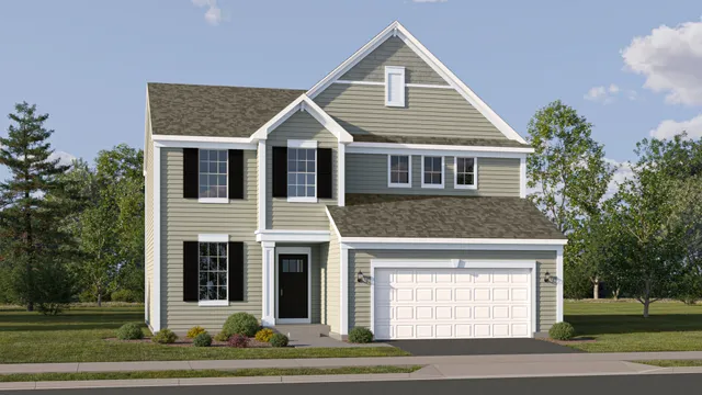 a view of a white house with large windows and a table and chairs