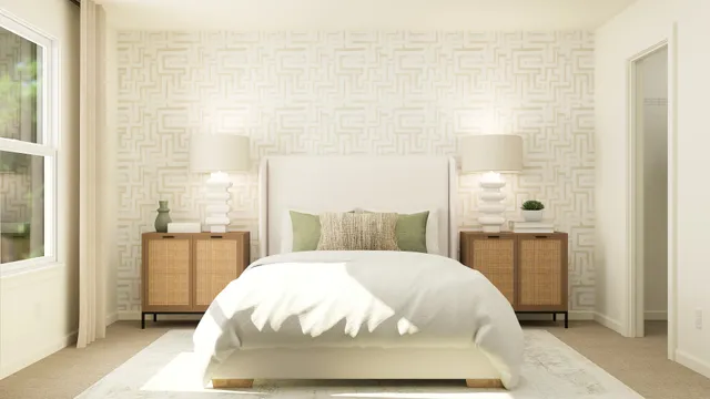 a large bed sitting in a bedroom next to a window and a mirror