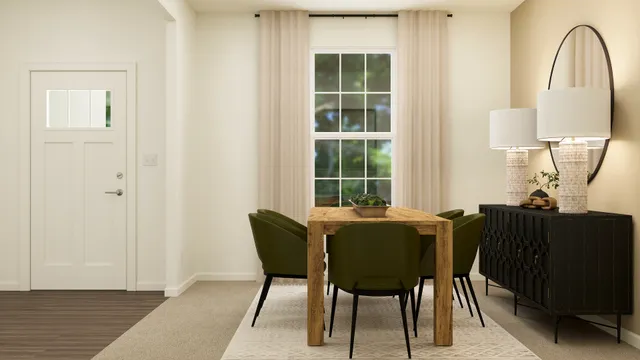 a dining room with furniture and window