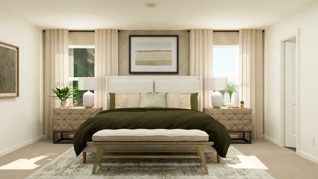 a bedroom with a bed lamp and a window