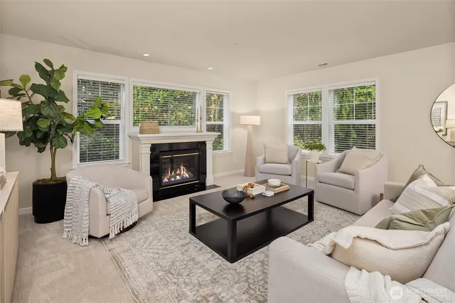 a living room with furniture a fireplace a window and a flat screen tv