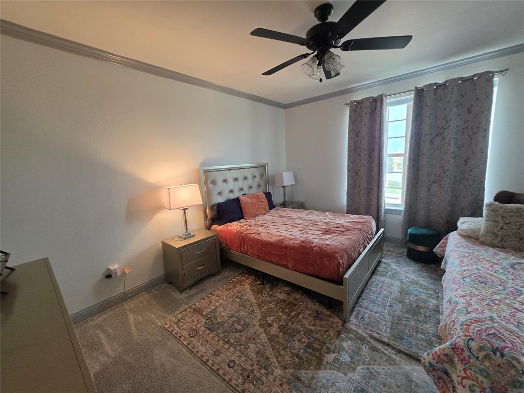 809 Rockingham Drive Irving, TX 75063 - Photo 11 of 30 White walls featuring crown molding, a ceiling fan with integrated lighting, and carpet flooring
