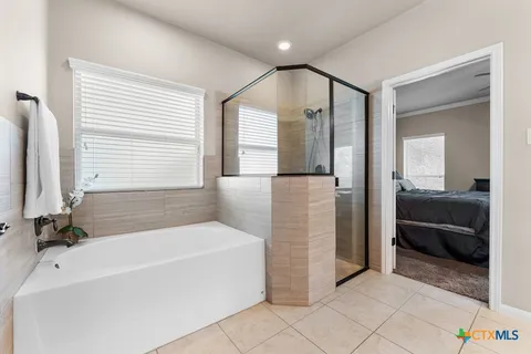 a bathroom with a bathtub and a shower