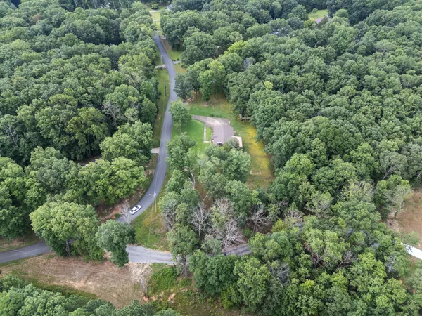 an aerial view of residential houses with outdoor space and trees