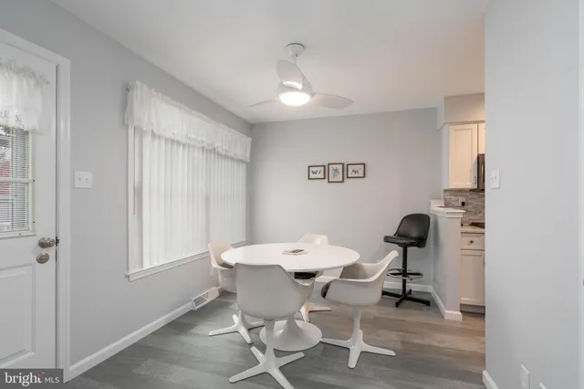 a view of a dining room with furniture window and outside view