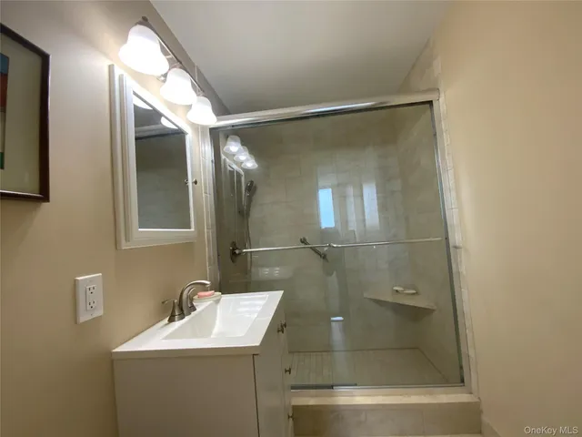 a bathroom with a sink mirror and shower