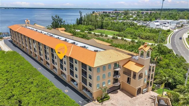 a view of a lake with a city