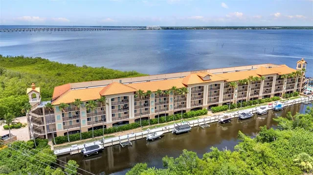 a view of a lake with a city