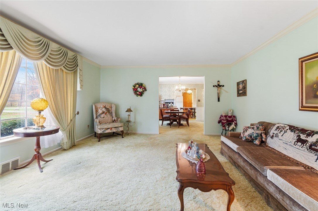 3265 Ridgewood Road Akron, OH 44333 - Photo 9 of 29 Carpeted living room featuring an inviting chandelier and crown molding