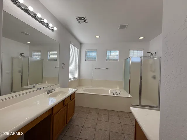 a bathroom with a tub a sink shower and a mirror