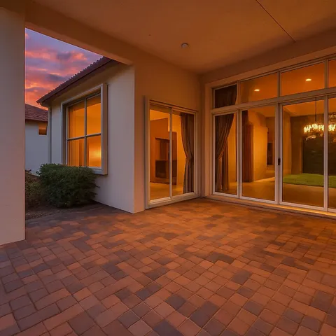 a view of an empty room with glass door and wooden floor