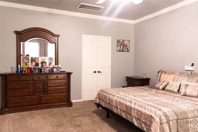 a bedroom with a bed and a dresser