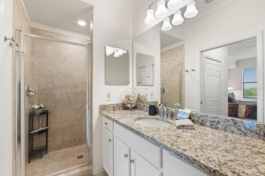 16904 Vardon Terrace, Unit 301 Lakewood Ranch, FL 34211 - Photo 19 of 28 a bathroom with a granite countertop sink a mirror and a shower
