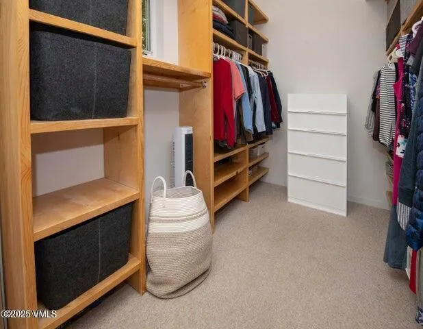 a view of walk in closet with clothes and shoes