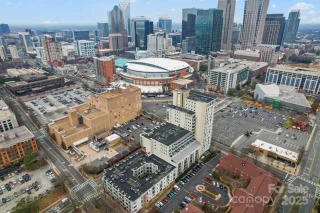 a city view with tall buildings