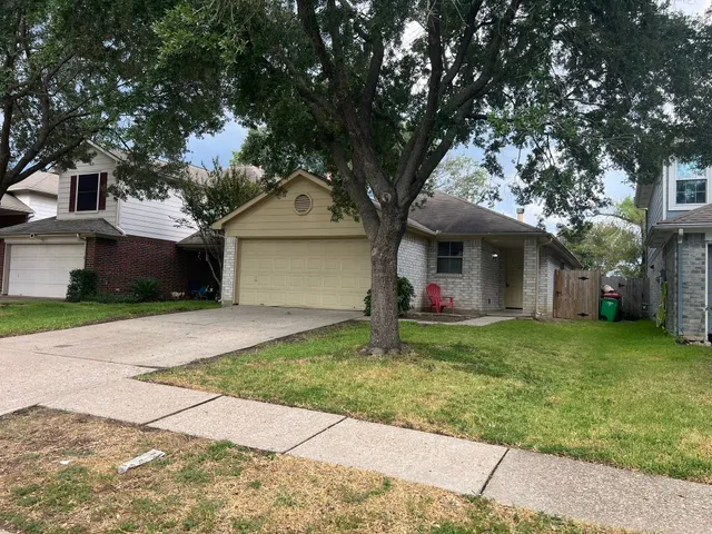 a view of a yard in front of a house with a large tree