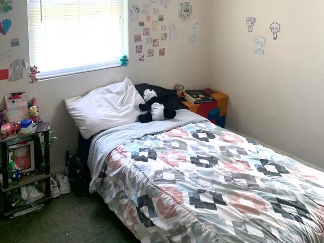 a bedroom with a bed and a window