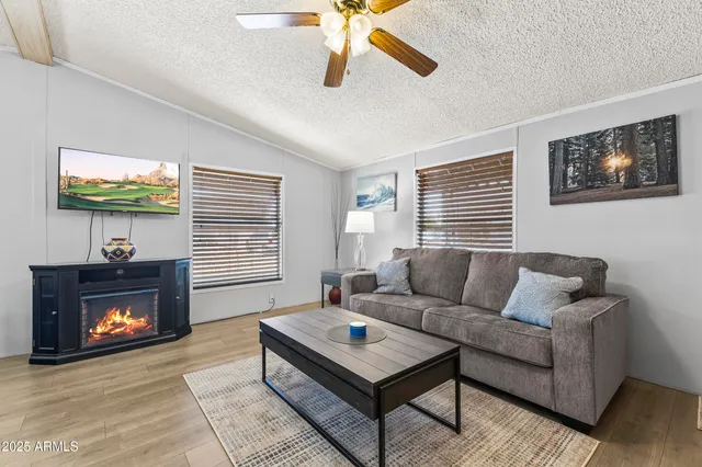 a living room with furniture a flat screen tv and a fireplace
