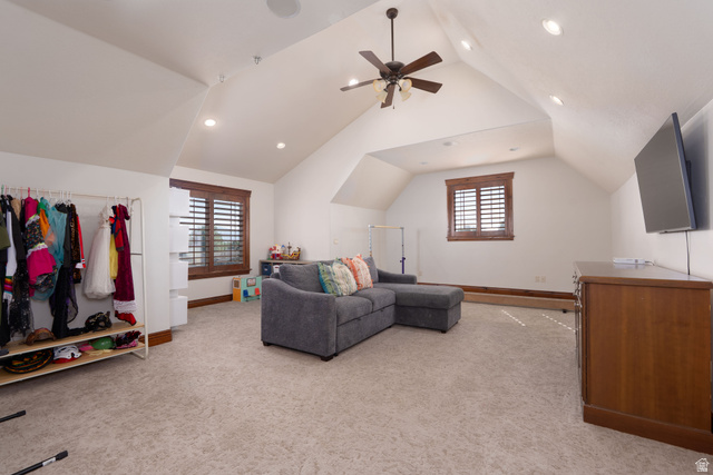 687 South 2080th Street East Springville, UT 84663 - Photo 55 of 149 Carpeted bonus room featuring an angled ceiling, recessed lighting, and a ceiling fan