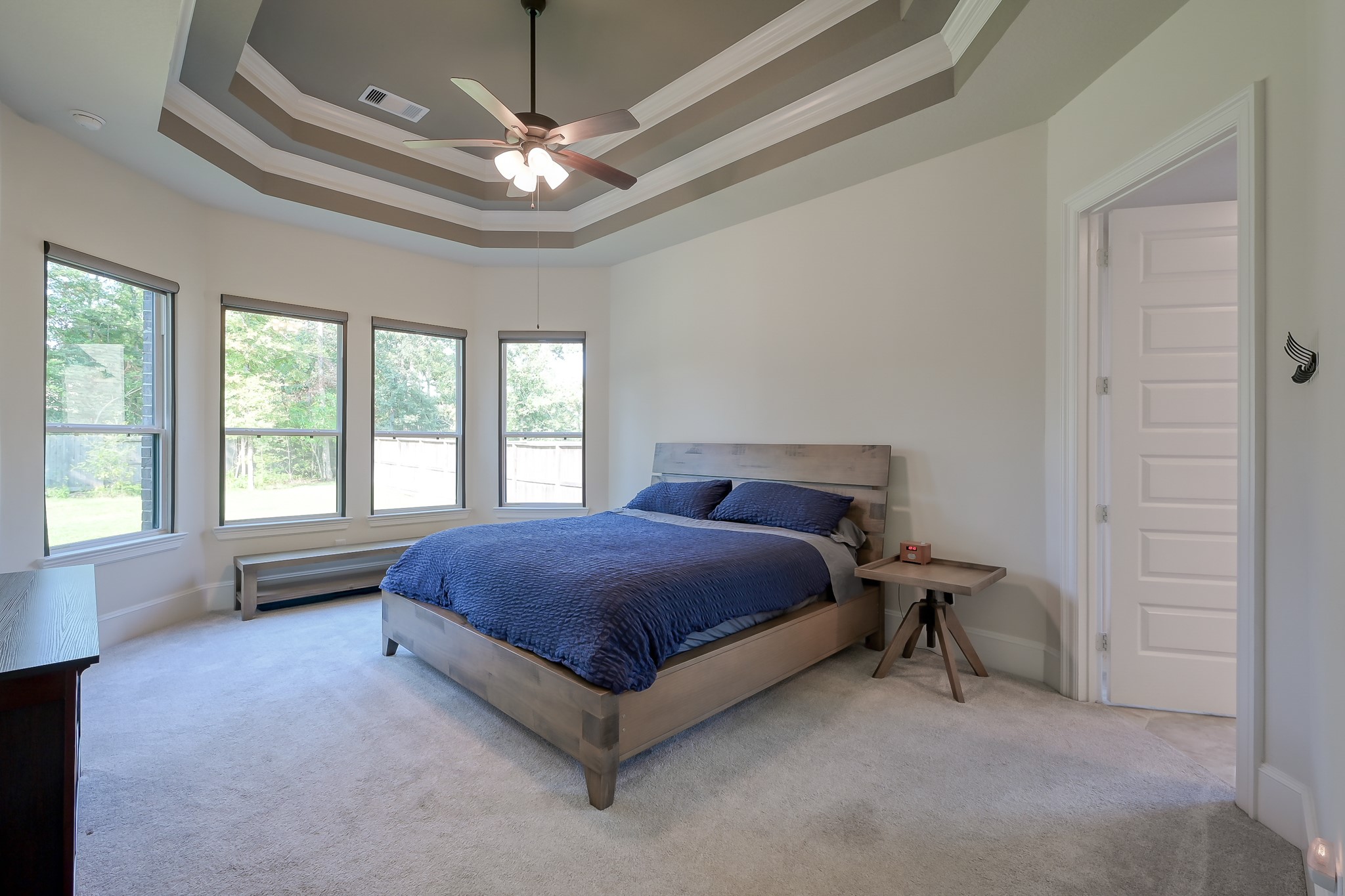 359 Calmato Woods Way Conroe, TX 77318 - Photo 6 of 28 Bright primary bedroom featuring tray ceilings and ample natural light.