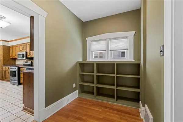 a view of a room with shelves