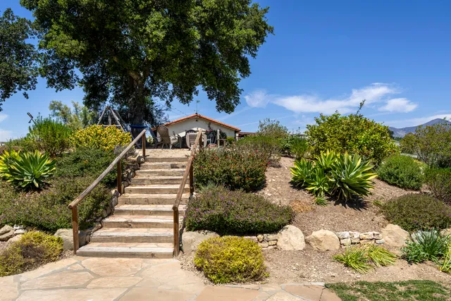 a view of a garden with a building in the background