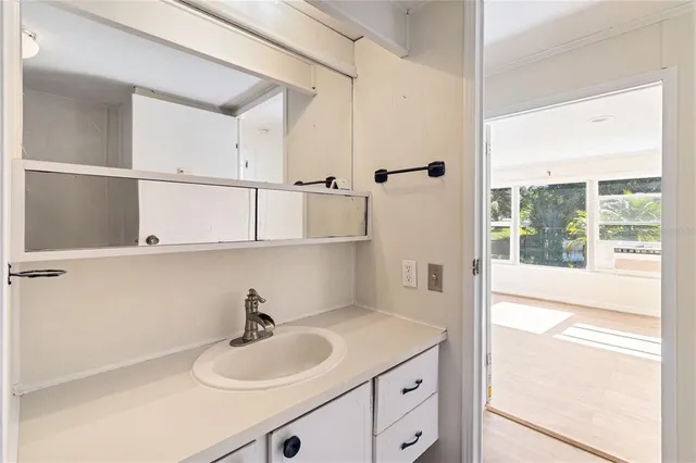 a bathroom with a sink and a mirror