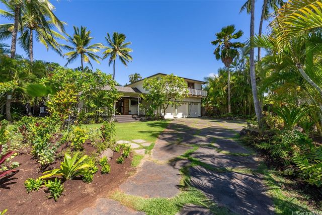 a view of a house with a tree and plants
