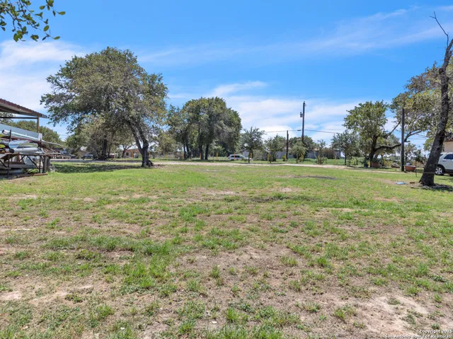 a view of a green field with trees in the background