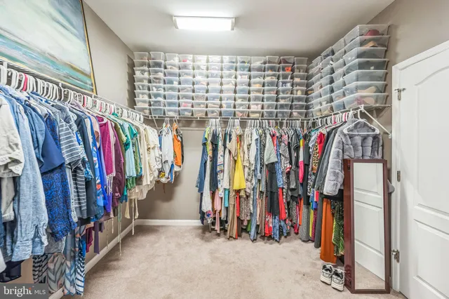 a view of walk in closet with clothes
